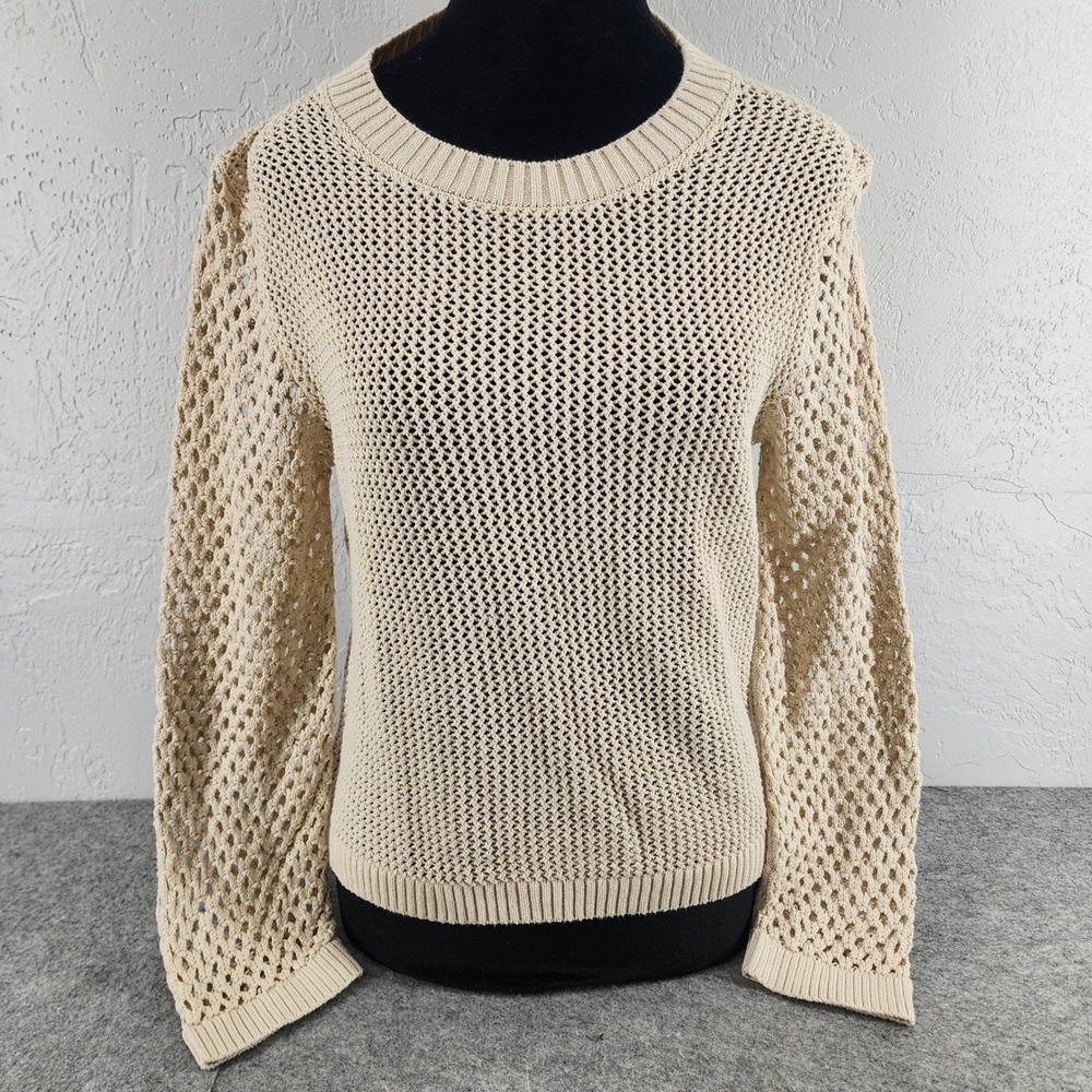 J.Crew Small Beige Open Knit Crochet Mesh Long Sleeve Sweater Top Womens